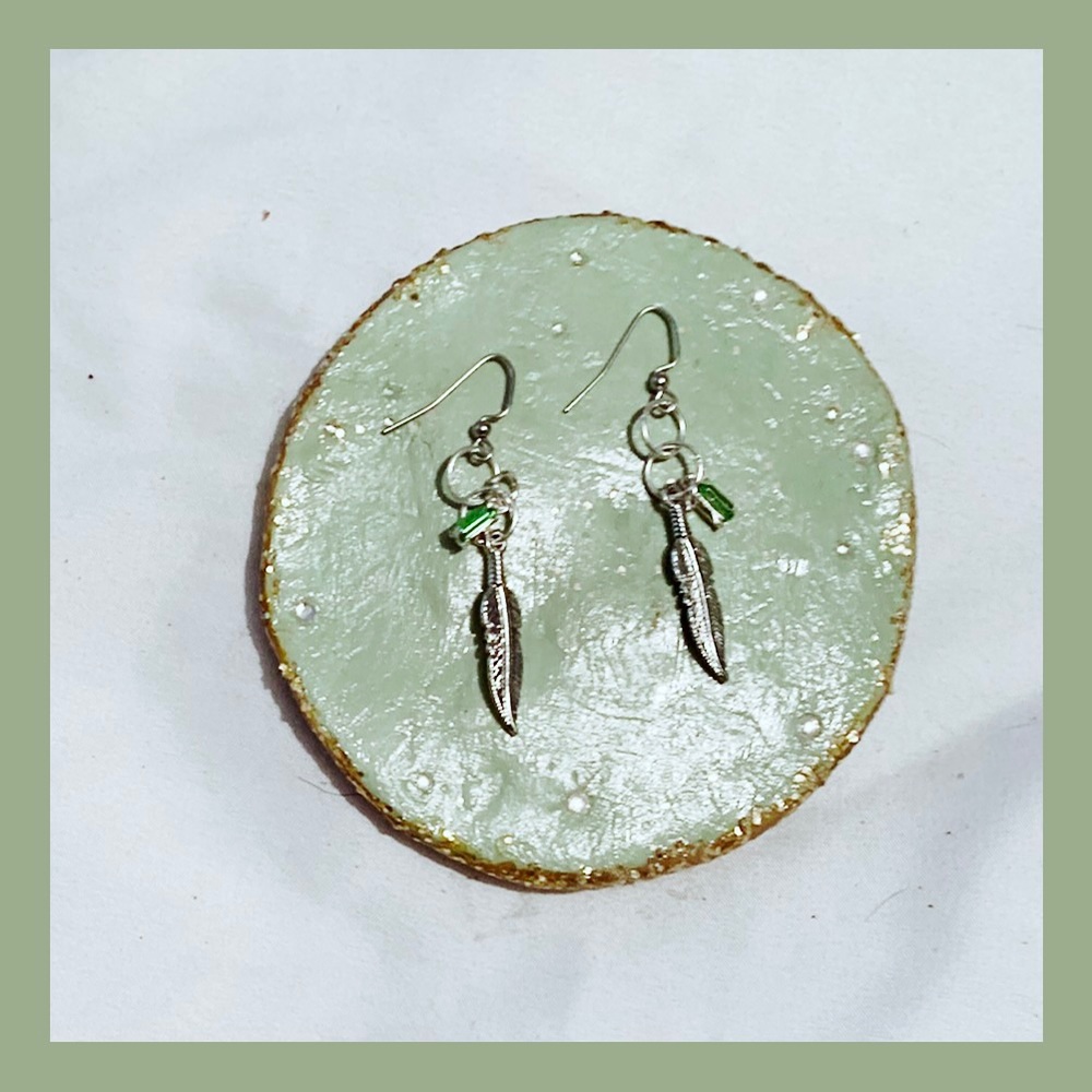SOLD! Handcrafted Boho Sterling Silver Feather Earrings with Green Charm
